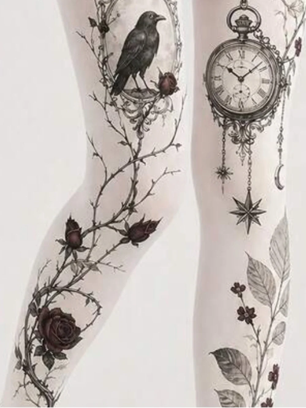 Women's White Velvet Crow & Pocket Watch Print Tights - Gothic Rose Vine